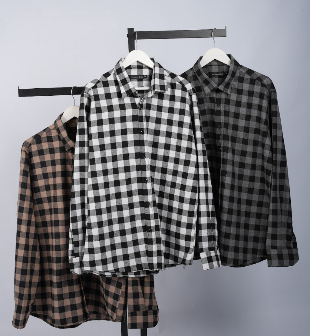 Pack de 3 Chemises Massimo Dutti En Flanelle À Carreaux À Manches Longues Ref-FL3535M ( Blanche + Gris + Beige )