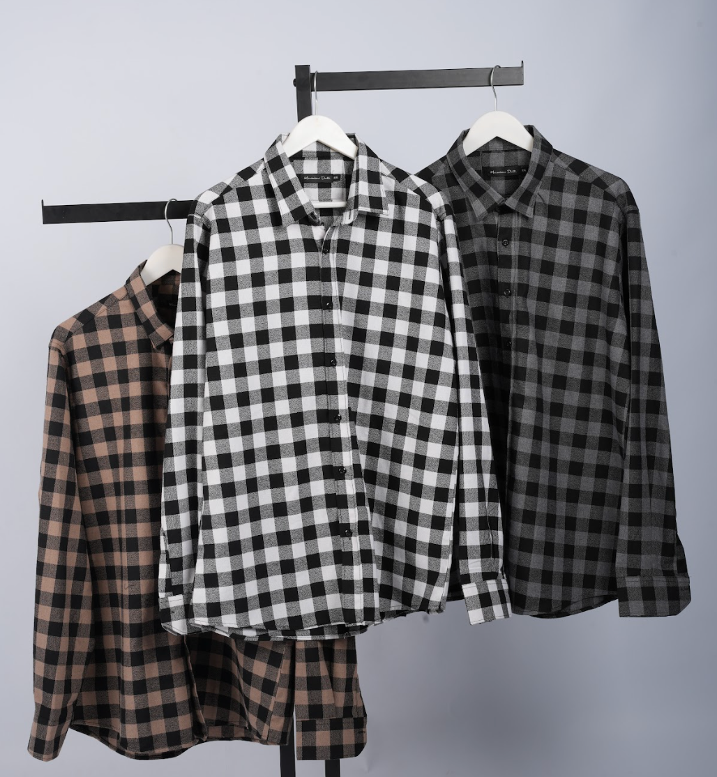 Pack de 3 Chemises Massimo Dutti En Flanelle À Carreaux À Manches Longues Ref-FL3535M ( Blanche + Gris + Beige )